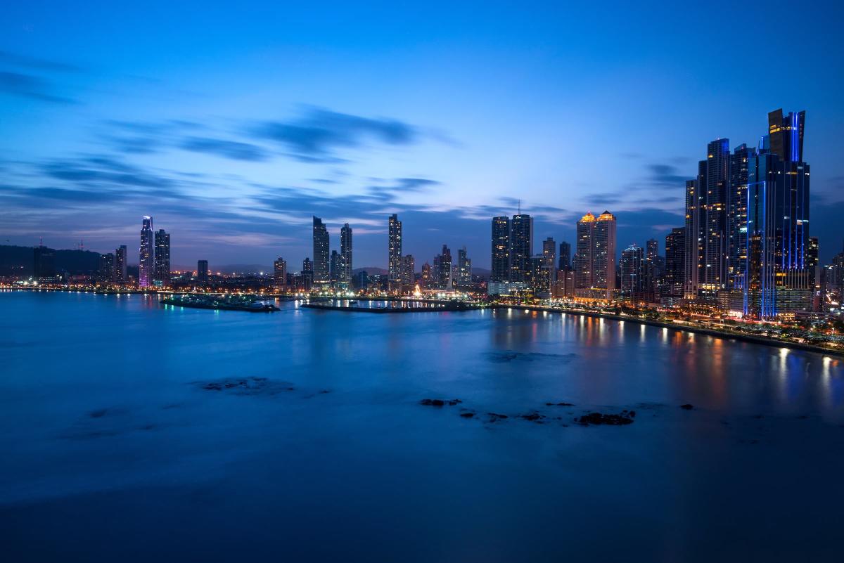 Panama City skyline overlooking the bay at dusk